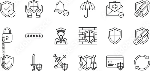 Security icons, protection symbols, shield, lock, password, safety, cybersecurity, data protection, privacy, encryption, police, sword, sync, alert, secure communication
