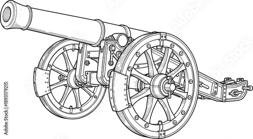 Detailed vintage cannon artillery illustration in clean black and white line art showing historical military weapon design, war equipment, and antique engineering concept