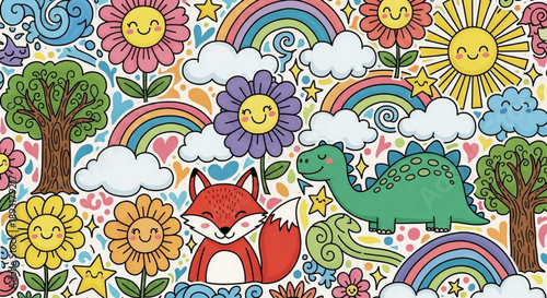 Whimsical Cartoon Fox and Dinosaur with Rainbows and Flowers
