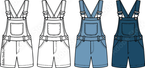 Flat Lay Fashion Vector Set – Short Overalls in Multiple Colors