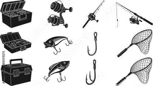 Set of fishing equipment, tackle boxes, hooks, rods, and nets collection, angling gear vector illustration isolated on white background