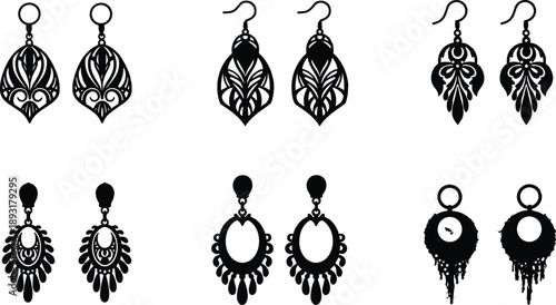 Set of elegant women earrings silhouette vector illustration, decorative jewelry design collection, fashion accessory art in black and white