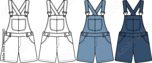 Flat Lay Fashion Vector Set – Short Overalls in Multiple Colors
