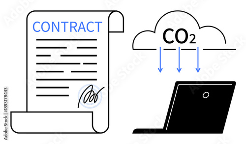 Legal agreements, sustainability, digital workspaces, environmental concerns, business management, remote processes. Paper contract with signature, CO2 emission concept and laptop. Legal agreements