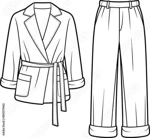 Minimalist, outline, illustration, of, belted, blazer, and, trousers, clothing, fashion, apparel, vector, design, isolated, white, background, casual, outfit