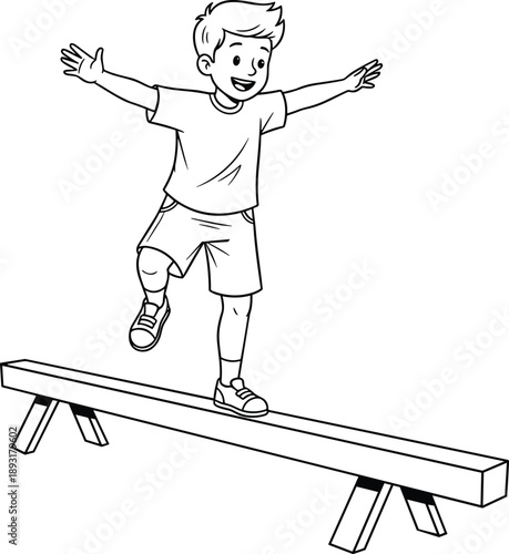 Detailed line art illustration of young boy balancing on beam physical activity child coordination exercise concept isolated on white background vector drawing
