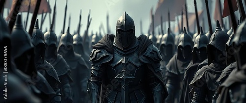 A lone black knight, armor tarnished, encircled by a throng of shadowy figures,  fantasy,  warrior