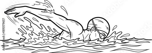 Detailed line art illustration of swimmer performing freestyle stroke in water competitive swimming sport action concept isolated on white background vector drawing