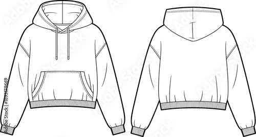 Minimalist, outline, illustration, of, hooded, sweatshirt, front, and, back, view, casual, clothing, vector, design, isolated, white, background, apparel, fashion