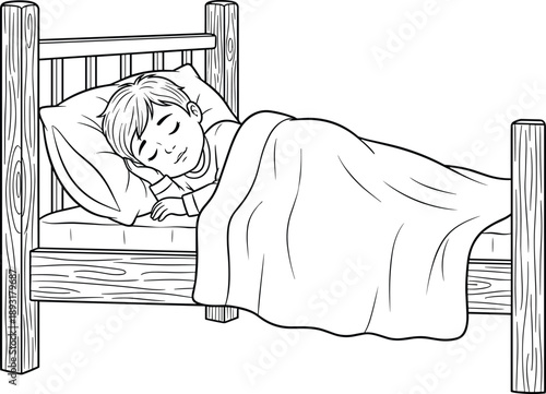 Detailed line art illustration of sleeping child in wooden bed peaceful bedtime scene kid resting under blanket isolated on white background vector drawing