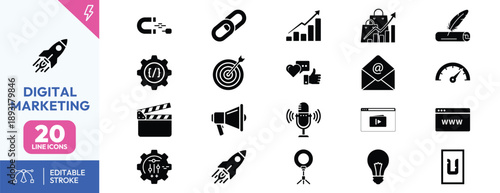Digital marketing icons and symbols.