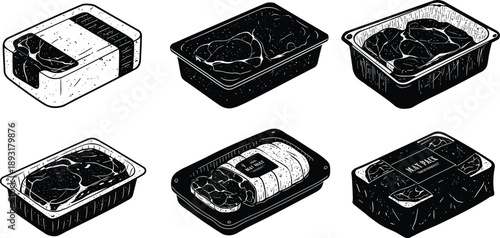 Set of meat packaging vector illustration, black and white food container design, fresh beef steak pack, butcher shop label icon
