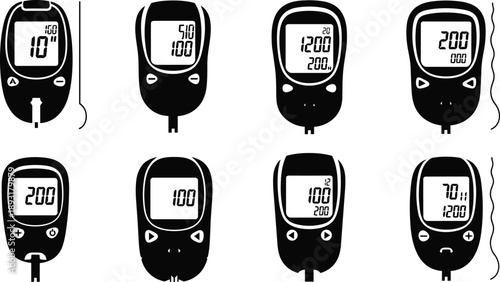 Set of medical glucose meters vector illustration, diabetes blood sugar test device icons, black silhouette design for health monitoring visualsSet of medical glucose meters vector