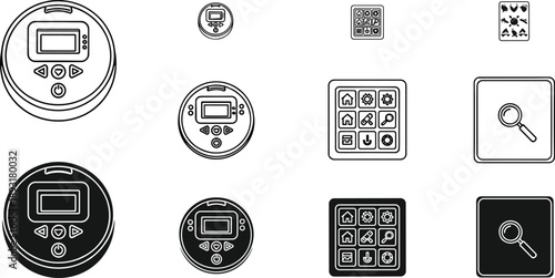 Set of modern smart home devices and sensors, thermostat, smoke detector, temperature monitor, security camera, black silhouette vector illustration