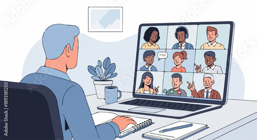 Online meeting with diverse colleagues on laptop