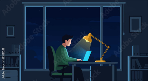 Man working on laptop at night, illuminated by lamp.