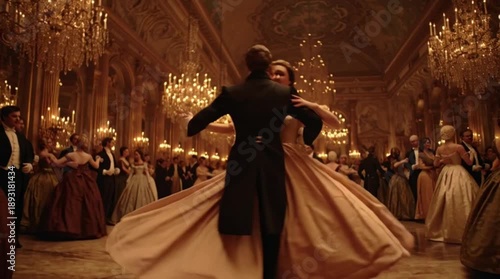Elegant couples in 19th-century attire waltz gracefully beneath shimmering crystal chandeliers in a grand, golden ballroom, capturing a moment of timeless romance and opulence.