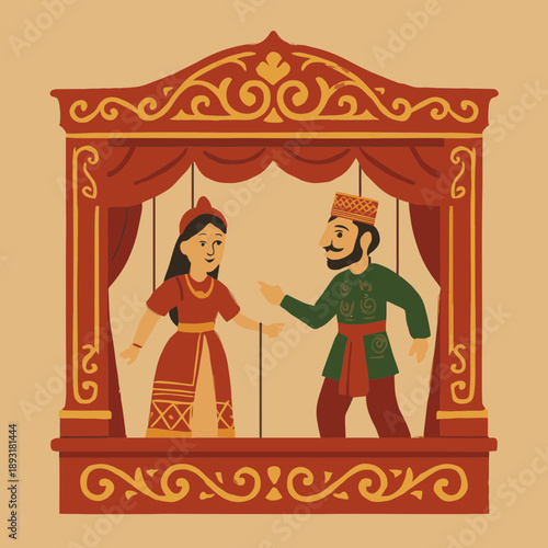 Traditional Puppet Theater Flat Vector Illustration