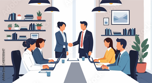 Business partners shaking hands in office meeting.