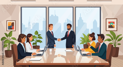 Business meeting with handshake in modern office.