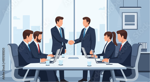 Business deal handshake in modern office meeting.