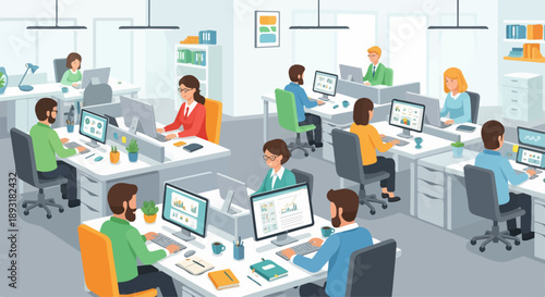 People working in a modern open-plan office.