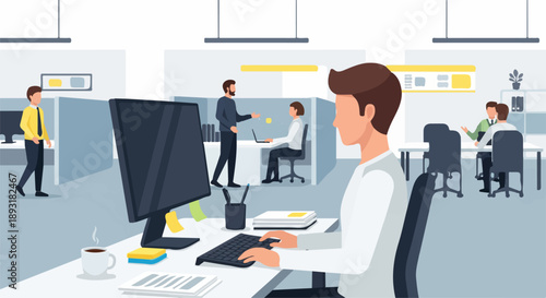 People working in a modern open-plan office