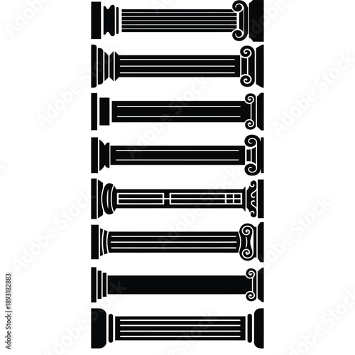 Collection of classical architectural column capitals and details in black