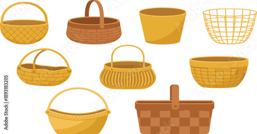 Traditional Wicker Baskets Collection – Handmade Bamboo and Straw Storage Vectors