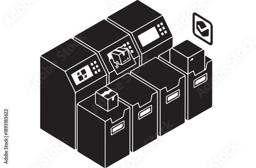 Automated parcel sorting machine with packages in an industrial setting.