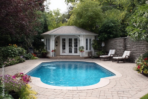 Cozy backyard swimming pool with clear blue water, surrounded by lush greenery, flowers, and a small garden pavilion, creating a peaceful, private outdoor living and relaxation atmosphere.