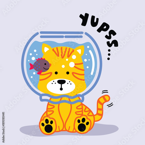 Cute tiger character stuck inside transparent glass bowl showing mistake expression illustration. Emotion concept
