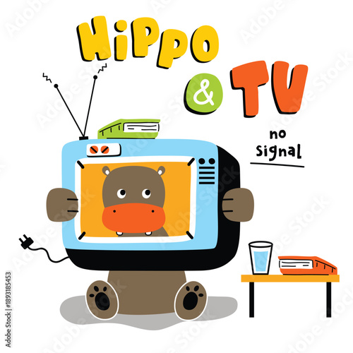 Cute hippo character watching television with no signal screen illustration. Entertainment concept
