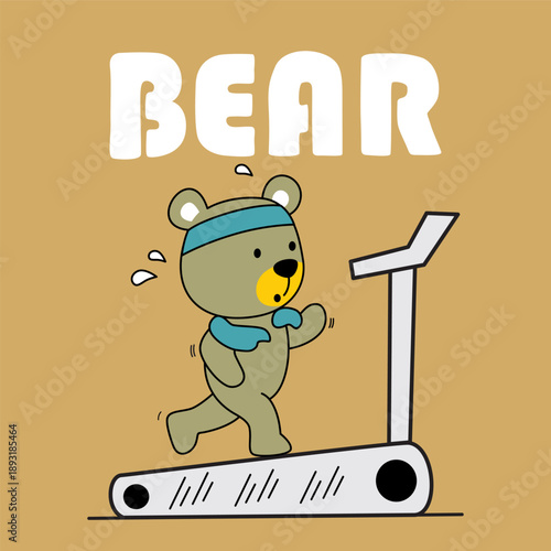 Cute bear character running on treadmill machine inside gym environment illustration. Fitness concept
