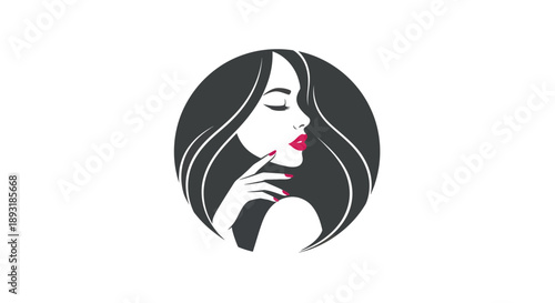 Elegant woman with long hair and red lips in a circular logo design.