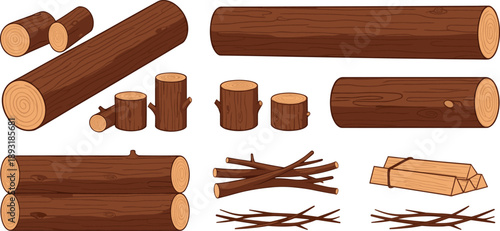 Wood Log and Timber Vector Set with Stacked Logs, Planks and Firewood Elements