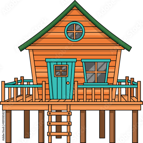 Wooden beach house on stilts vector illustration with terrace and ladder for summer vacation and tropical travel design.