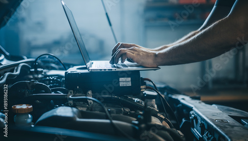 Mechanic using laptop for car diagnostics in workshop.