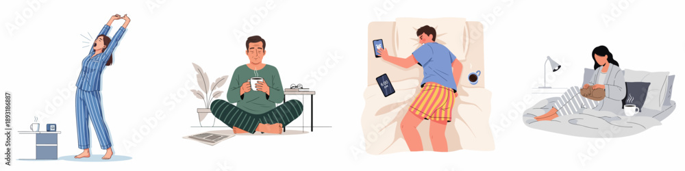 Ταπετσαρία Everyday morning scenes: people waking up, stretching, enjoying hot drinks, relaxing in pajamas, and dealing with smartphone alarms