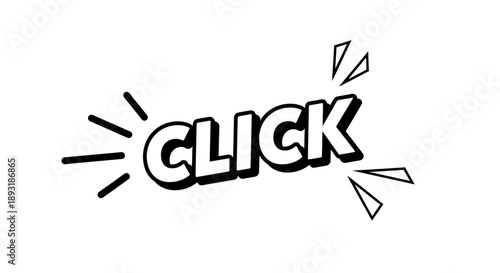 Playful and dynamic 'CLICK' word bubble graphic with radiating lines, ideal for illustrating interaction, sound effects, or call-to-action buttons in a comic book pop art style