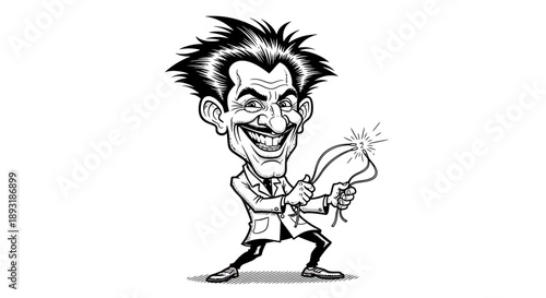 Whimsical illustration of a maniacal scientist holding a firecracker, with a mischievous grin and wild hair
