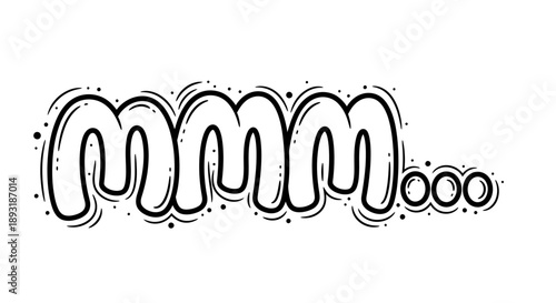 Abstract doodle lettering of 'mmm...' with a playful, handwritten style and subtle dot embellishments, evoking a sense of deliciousness or contemplation