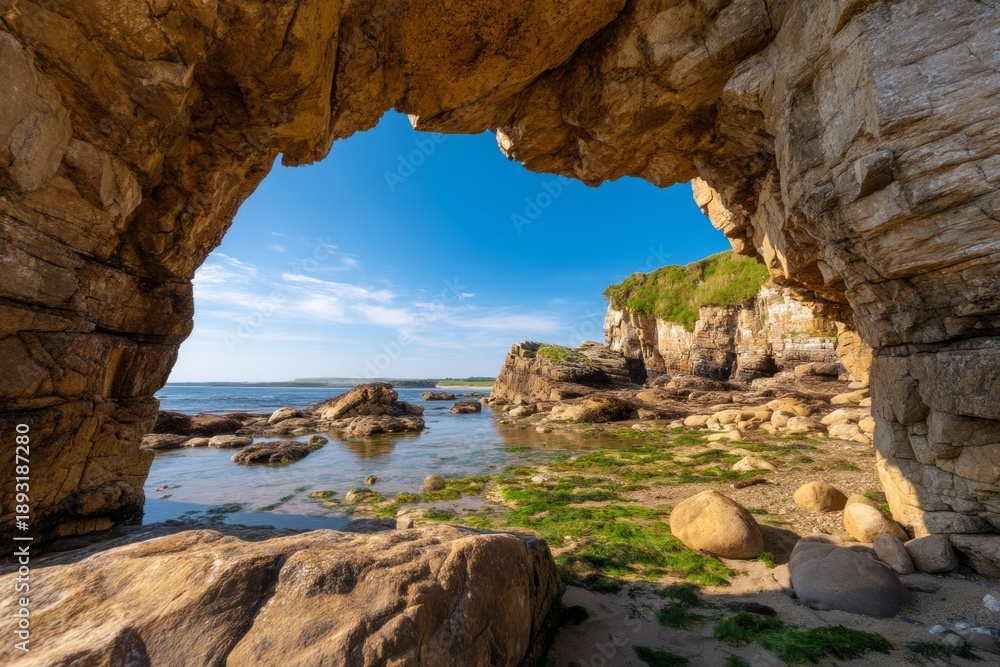 Fototapeta premium Large Eroded Coastal Cliff Stone Arch Forming Over Calm Water Scene