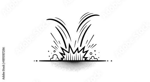 Hand-drawn black and white impact effect illustration, depicting an energetic burst with radiating lines and particles, symbolizing sudden force or explosion
