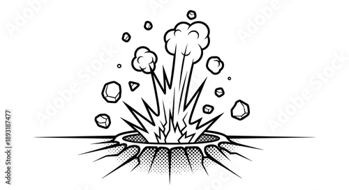 Explosion of rocks and debris erupting from a crater in a comic book style illustration