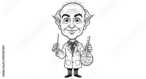 Cartoon illustration of a cheerful scientist holding lab equipment, representing innovation and research in science and discovery