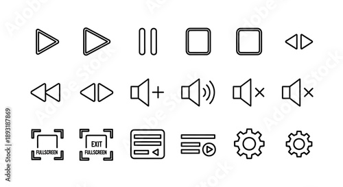 Modern collection of essential line icons for media player controls and user interface settings, perfect for digital applications and web design elements