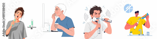 Daily dental hygiene routine collection showing people brushing teeth, rinsing, and using both manual and electric toothbrushes.