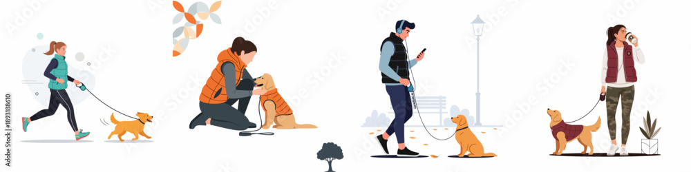 Φωτογραφία Vector illustration collection of people walking, jogging, and bonding with their pet dogs outdoors in autumn and winter vests