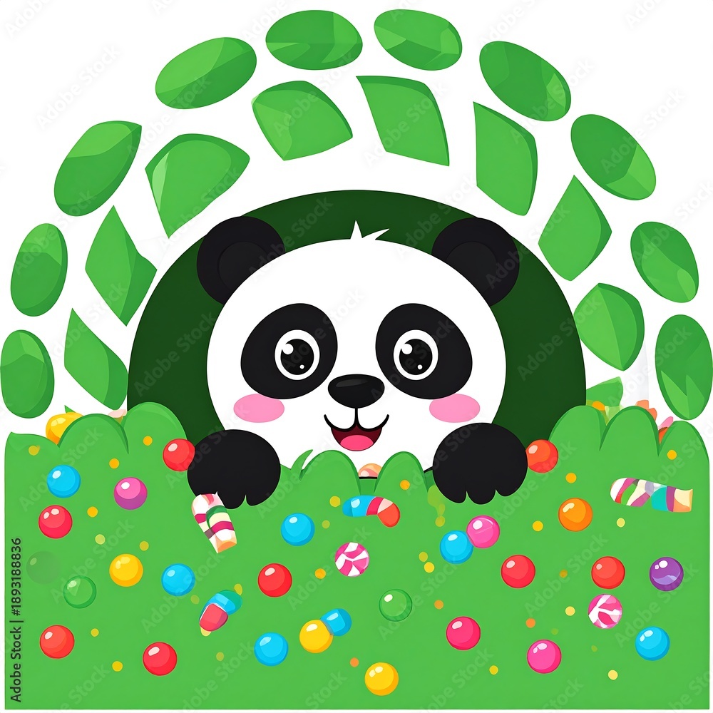 Naklejka premium Playful panda peeking through lush greenery, surrounded by colorful candies